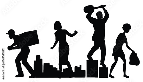A group of people working together in a cityscape silhouette illustration