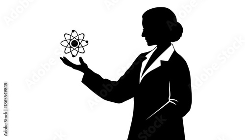 A silhouette of a woman holding an atom symbol in her hand.