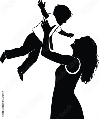 Mother lifting baby silhouette illustration showing love care parenting joy family bond emotional connection playful moment tender happy childhood scene