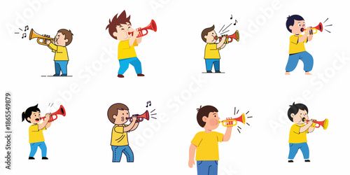Cartoon children playing the trumpet set illustration collection, depicting musical education and brass instruments.
