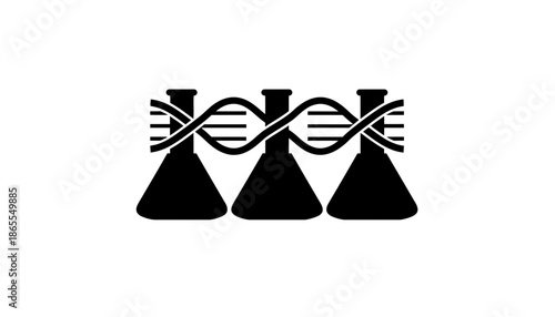 A black and white illustration of three beakers with a DNA double helix