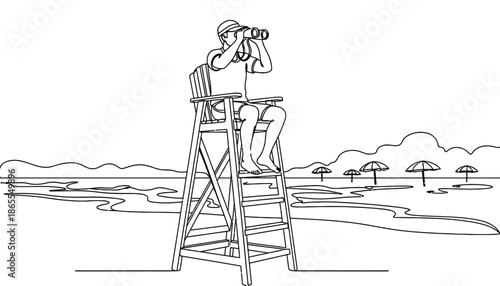 A lifeguard sits on a tower and looks out at the ocean with binoculars