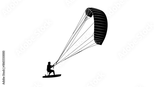 A person is engaged in kitesurfing on a sunny day with a large kite