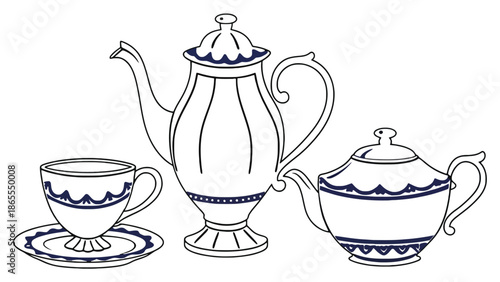 A beautiful illustration of a tea set with a teapot, cup, and sugar bowl