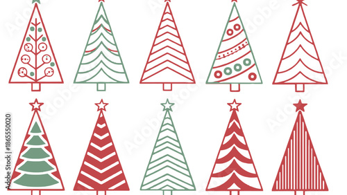 A festive illustration of decorated Christmas trees in red and green colors