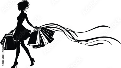 Fashion shopping woman silhouette illustration carrying bags stylish female consumer isolated black vector art for retail branding marketing design