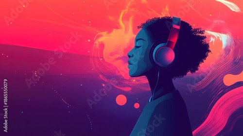 Woman with headphones listening to music in abstract colorful design