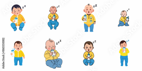 Adorable set of cartoon babies sleeping and drowsy after drinking milk from a feeding bottle, isolated on a white background.