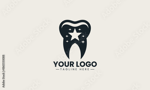 Shiny dental tooth icon with central star represents professional dentistry excellence bright and clean