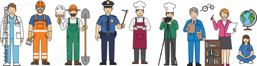People in different professions illustration showing doctor worker farmer police chef photographer businessman teacher student diverse careers concept