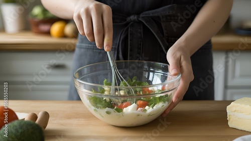 Close-Up Food Preparation Scene with Fresh Ingredients and Natural Kitchen Lighting