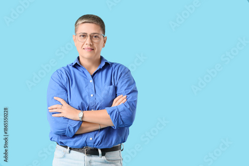 Young woman with short hair...