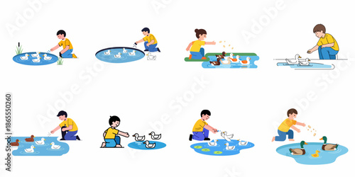 Collection of vector illustrations depicting children and young people feeding ducks at a pond, showcasing various styles and playful interactions with nature.