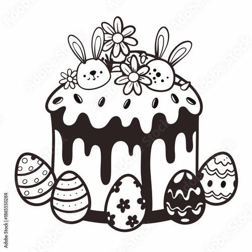 Easter cake decorated with bunnies and colorful eggs  