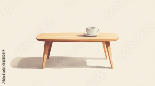 Wooden table with coffee cup minimalist design and neutral background