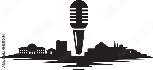 City silhouette with microphone and water vector graphic illustration