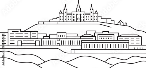 Detailed line art illustration of historic hilltop castle overlooking terraced city buildings