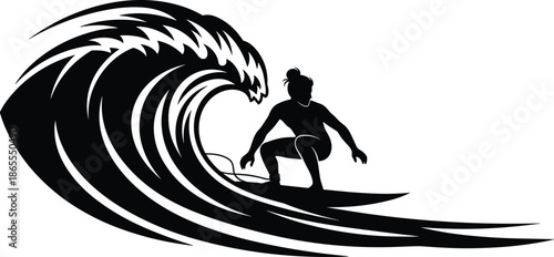 Surfer riding giant ocean wave silhouette illustration extreme water sport action isolated black vector art for stock branding marketing design