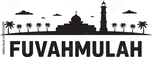 Fuvahmulah maldives island skyline silhouette with mosque tower and tropical palm tree scenery