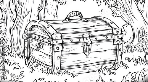 Wooden treasure chest in forest setting black and white illustration