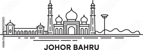 Johor bahru malaysia city skyline vector monoline illustration famous mosque architecture travel banner