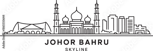 Johor bahru skyline vector line illustration modern architecture famous mosque stadium panorama design