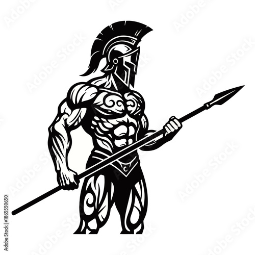 Muscular Spartan warrior in helmet holding a spear, black and white graphic illustration.