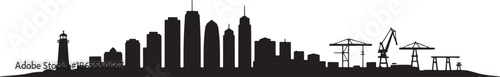 Large port city skyline silhouette vector illustration panorama with skyscrapers lighthouse and cranes