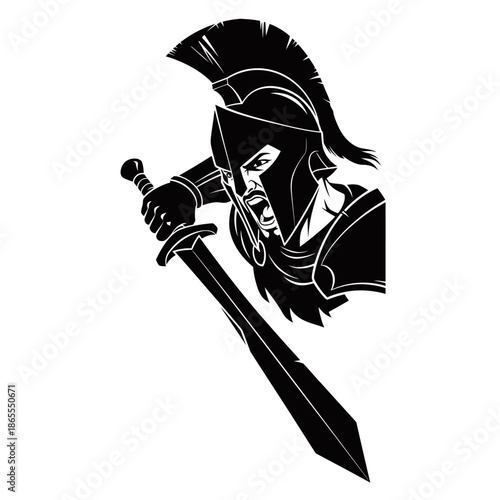 Aggressive Spartan warrior in profile, wearing a crested helmet and armor, holding a sword, in a dynamic black silhouette graphic.