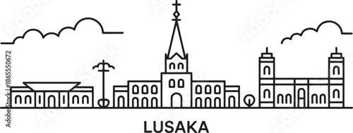 Lusaka city outline drawing featuring cathedral modern building and twin tower structures