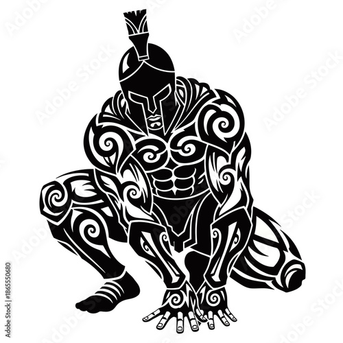 Stylized tribal art illustration of a muscular Spartan warrior in a crouching pose, black silhouette with intricate white patterns.