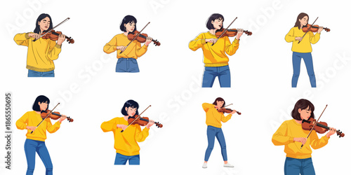 Collection of vibrant vector illustrations featuring a stylish young woman passionately playing a classical violin, isolated on white background.