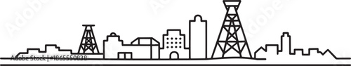 Outline city skyline drawing representing industrial landmarks and tall modern architecture structure
