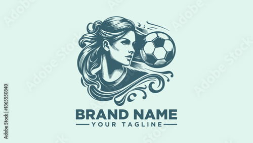 Teal vector illustration of a woman's face with flowing hair and a soccer ball, surrounded by decorative swirls, on a light green background with space for brand name and tagline.