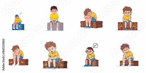 Tired and Sleepy Boys Sitting on Luggage Set. Exhausted Child Waiting for Travel or Delayed Trip Vector Illustration Collection.