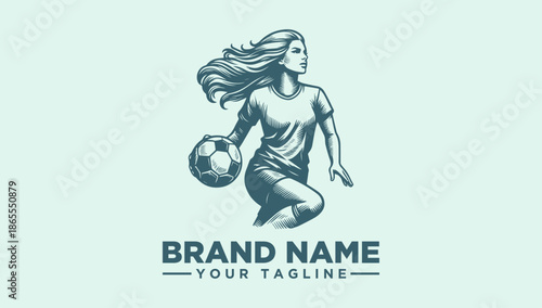 A dynamic illustration of a woman playing soccer with a ball, set against a light green background with a logo and tagline space for brand identity use.