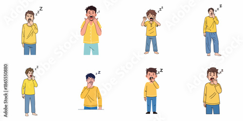 Set of young men yawning gestures vector illustration collection, showing tiredness, exhaustion, and sleepiness with Zzz symbols.