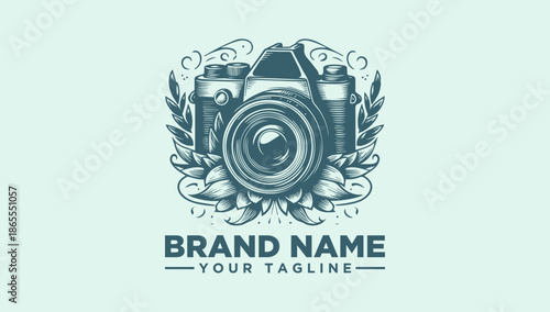 A vector logo illustration featuring a camera surrounded by leaves and flowers on a light green background with the words 'BRAND NAME' and 'YOUR TAGLINE' in a decorative template design.