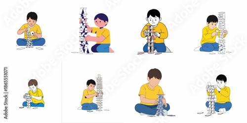 Children concentrating on building tall, precarious houses of cards, illustrating skill, stability, and the challenge of complexity.