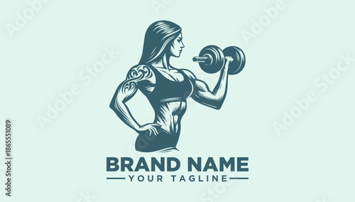 A fitness logo illustration featuring a woman lifting dumbbells with a vector graphic style against a clean background.