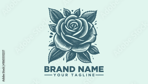 A stylized rose logo with leaves and a brand name placeholder in a simple, modern design against a light green background with a clean white space below.