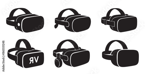 Set of Black silhouettes of virtual reality headsets in various designs, isolated on white background, graphic illustration. concept of vr technology, gaming, innovation, digital experience