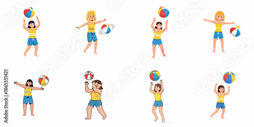 Collection of vector illustrations depicting young women playing cheerfully with colorful beach balls, enjoying summer vacation activities.