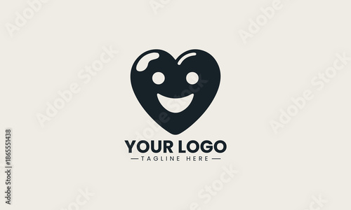 Minimalist black vector icon of a smiling heart inside a circle with a teardrop on a white background