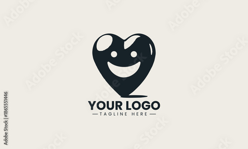 Minimalist black vector icon of a smiling heart inside a circle with a teardrop on a white background