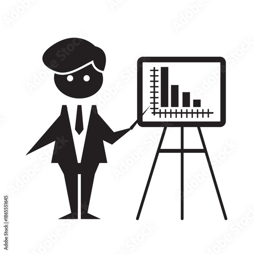 Black silhouette vector of a businessman presenting a bar chart on a flip chart, representing business analysis, data presentation, reporting, and professional communication.