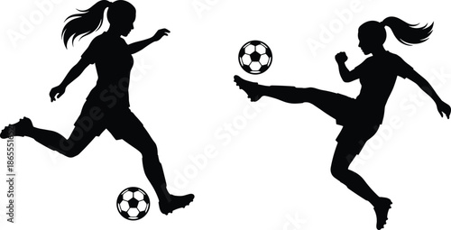 Female soccer players silhouette illustration showing women football action, kicking ball, sport competition, athletic movement, teamwork and fitness concept