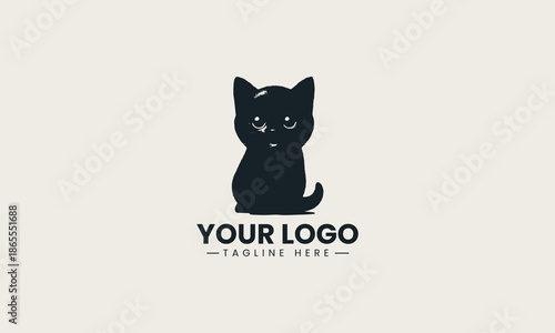 Adorable black kitten mascot logo with large expressive eyes and a friendly expression in a minimalist vector style