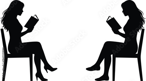 Woman reading book silhouette illustration showing education, knowledge, learning habit, quiet study time, literature passion, intellectual lifestyle concept isolated