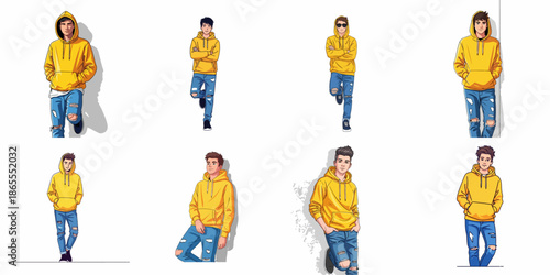 Vector collection of 8 young men wearing yellow hoodies and ripped jeans in trendy streetwear fashion poses, isolated on white.